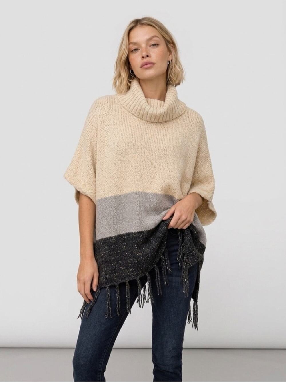 Anthropologie Sunday in Brooklyn Turtleneck Fringe Poncho Sweater Size M/L